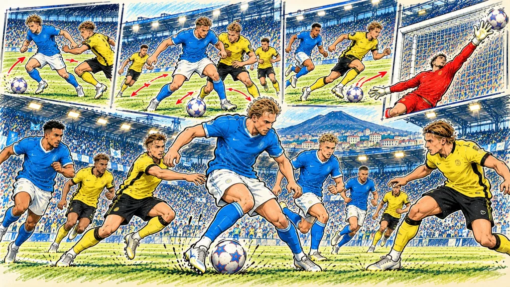Hand-drawn Napoli vs Bodø/Glimt football caricature featuring attacking duels, midfield pressure and goalkeeping action at Stadio Diego Armando Maradona.