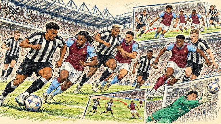 Hand-drawn Newcastle United vs Aston Villa football caricature featuring attacking players in black-and-white and claret-and-blue colours at St James' Park.