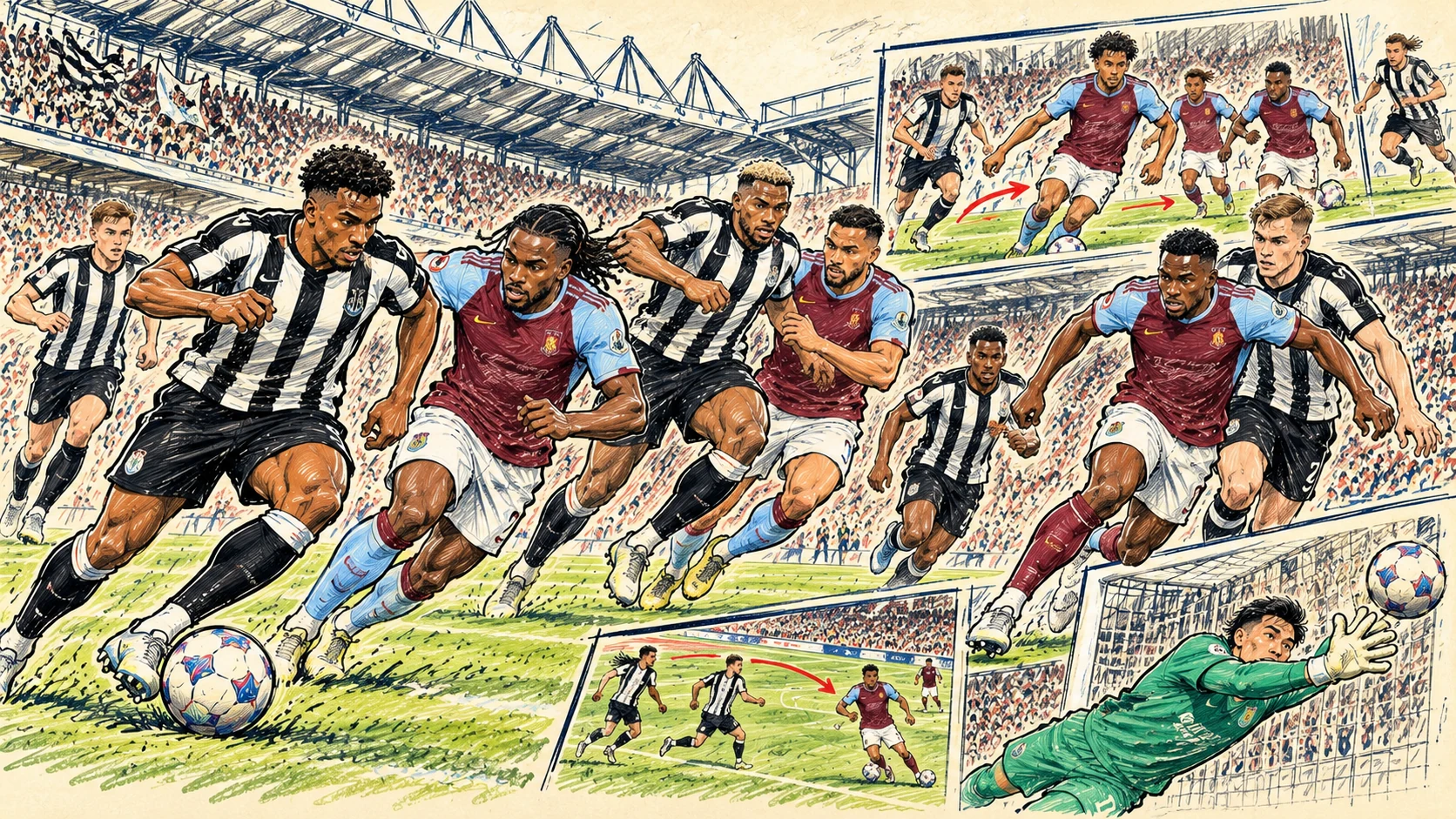 Hand-drawn Newcastle United vs Aston Villa football caricature featuring attacking players in black-and-white and claret-and-blue colours at St James' Park.