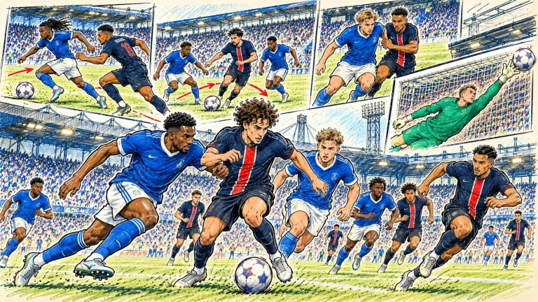 Hand-drawn Strasbourg vs PSG football caricature featuring attacking duels, pressing and goalkeeping action at Stade de la Meinau.