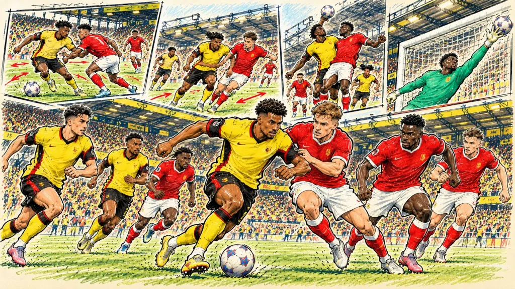 Hand-drawn Watford vs Charlton Athletic football illustration showing attacking duels, midfield battles and goalkeeping action at Vicarage Road.
